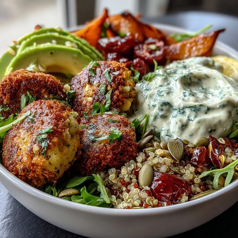 Healthy Spring Buddha Bowl packed with quinoa, roasted spring vegetables, crispy falafel, and zesty lemon-tahini dressing.