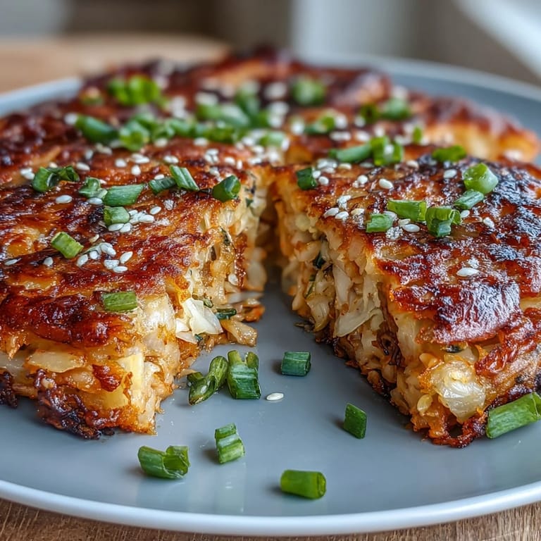 Pan-fried Crispy Cabbage Kimchi Pancakes cut into wedges, showcasing crispy edges and vibrant vegetable filling.