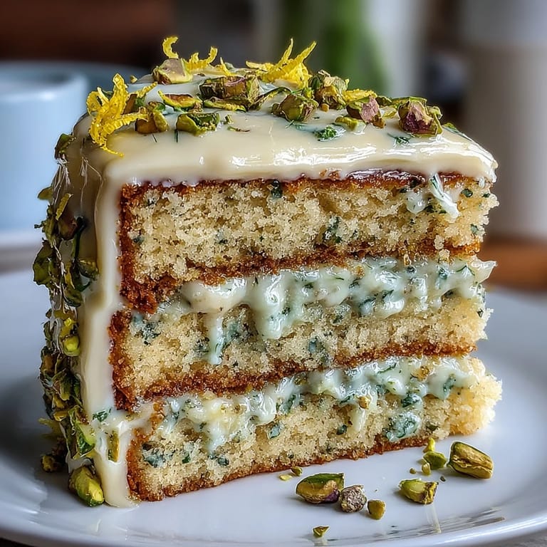 Vibrant layered lemon pistachio cake with zesty lemon sponge and smooth lemon-pistachio frosting, perfect for a spring celebration.