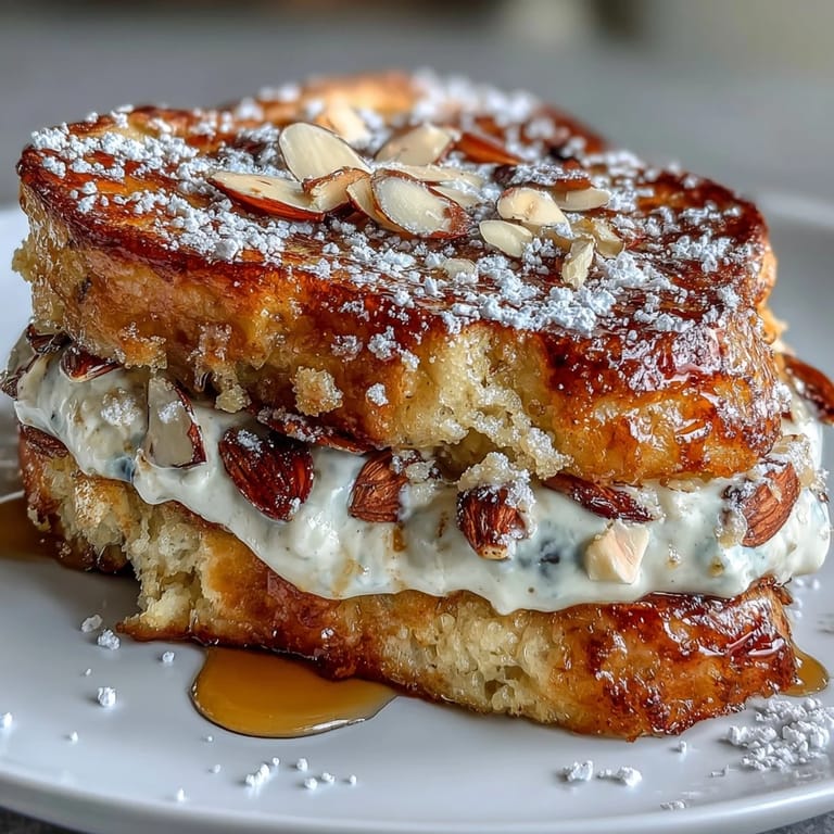 Indulge in Almond Croissant French Toast featuring thick brioche soaked in almond cream, pan-fried until golden, and topped with crunchy toasted almonds.