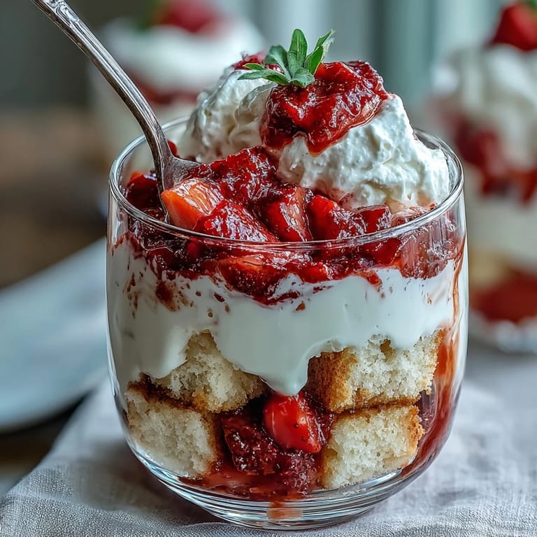 Stunning trifle dessert featuring alternating layers of tender vanilla cake, sweet strawberries, and rich whipped cream.