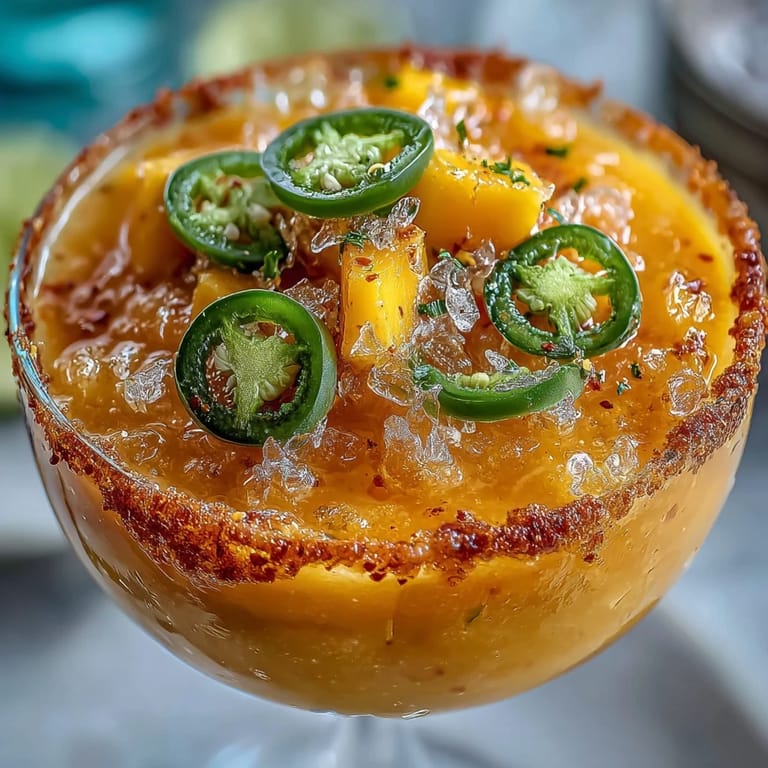 A refreshing spicy mango margarita slushie, perfectly blended with lime and a tempting chili rim.