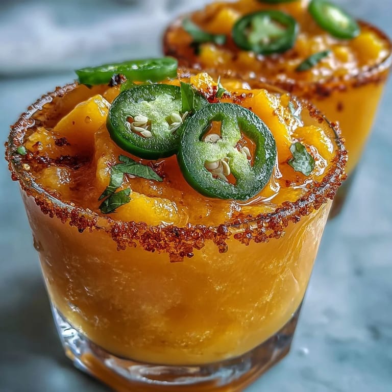 Sip this delicious spicy mango margarita slushie, cool and flavorful, ideal for any party.