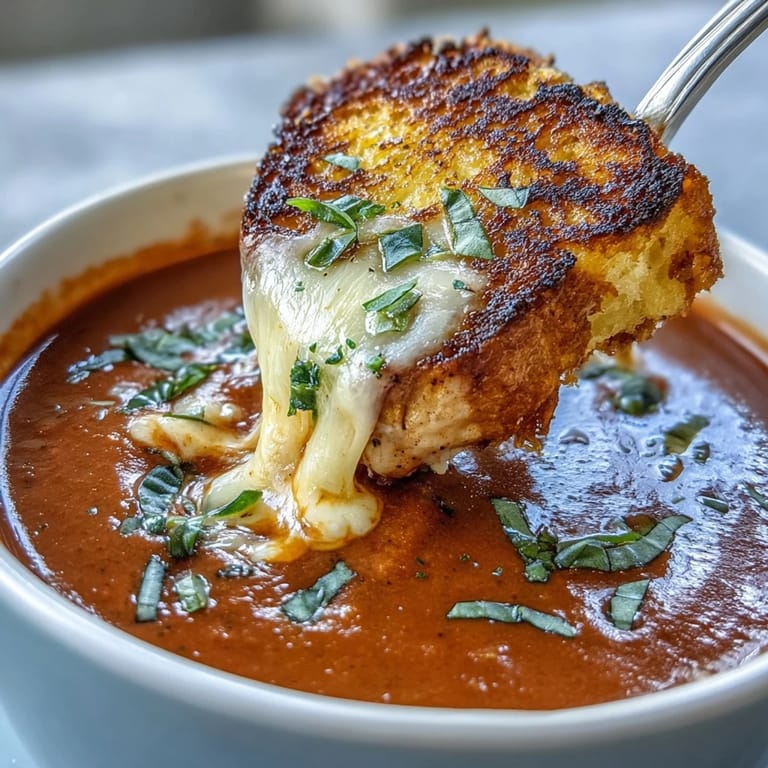 Hearty Creamy Tomato Basil Soup, topped with crispy, cheesy croutons.