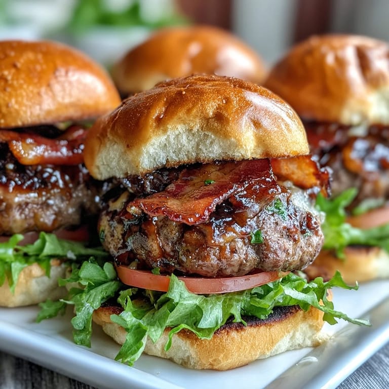 Visually appealing Father's Day sliders piled high with bacon and fresh toppings.