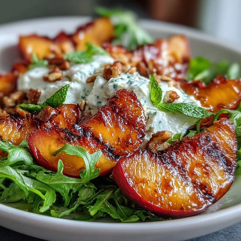 Fresh Grilled Peach and Burrata Salad with greens and toasted nuts.