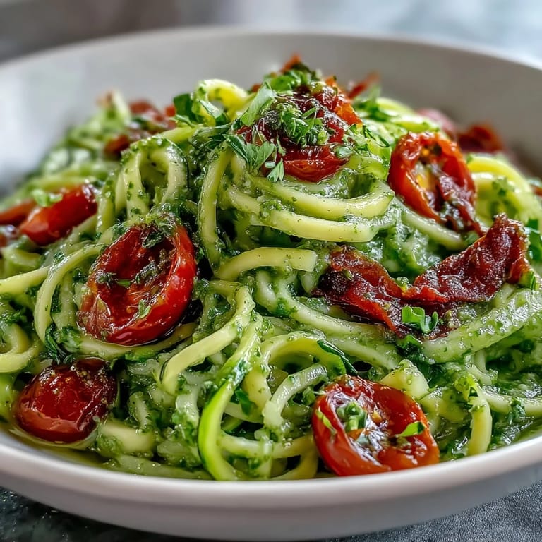 Vibrant zucchini noodles cloaked in creamy avocado pesto, a healthy, delightful dish.