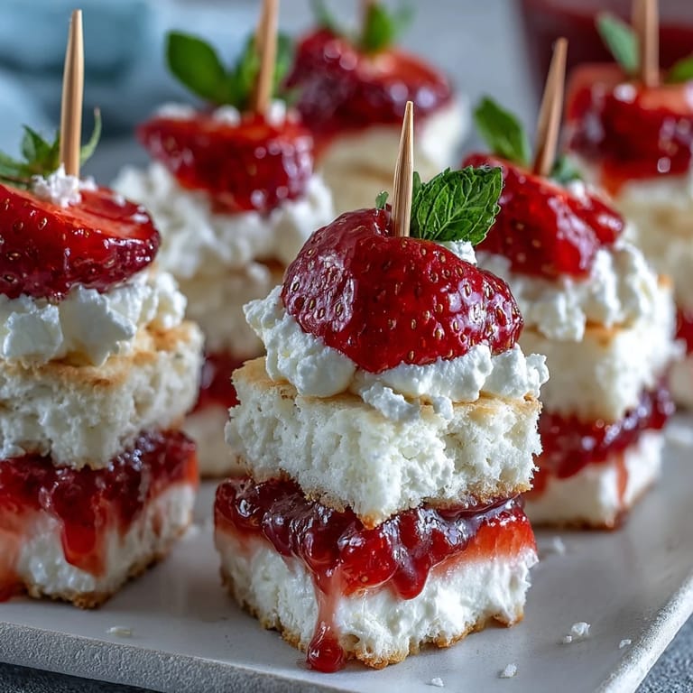 Individual mini strawberry shortcake bites showcased, ready for party guests.