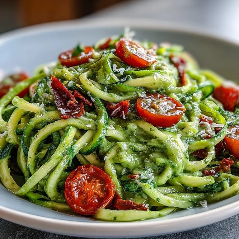 Freshly prepared zucchini noodles with homemade avocado pesto, perfect lighter meal.