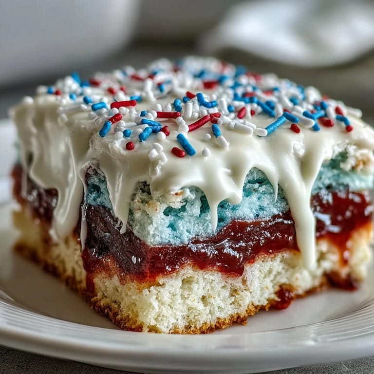 America's favorite Patriotic Poke Cake, a sweet, fruity, and creamy dessert delight.