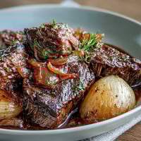 A tender slow cooker pot roast simmered with onion soup mix and vegetables, perfect for a comforting family dinner.  