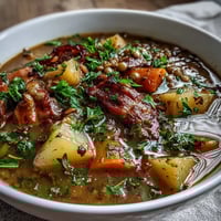 Hearty ham bone and lentil soup with root vegetables, featuring tender lentils and smoky ham in a rich, warming broth.  