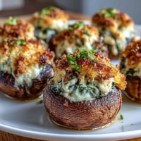 Air fryer stuffed mushrooms with cream cheese and spinach, golden and crispy, filled with creamy spinach and Parmesan mixture.