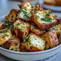 Golden sourdough croutons with garlic and herb crunch, perfect for topping soups and salads.