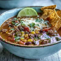 A steaming bowl of taco soup brimming with ground beef, beans, and corn, garnished with shredded cheese and fresh cilantro.  