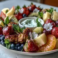 Vibrant baby in bloom fruit platter with creamy honey-yogurt dip, arranged in a colorful flower design with fresh berries and melon.