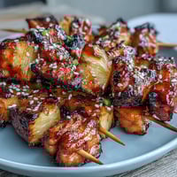 Air fryer chicken pineapple bites: juicy chicken and sweet pineapple skewers with a savory glaze, golden and caramelized from air frying.