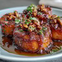 A golden skillet of soul food candied yams glazed in buttery brown sugar syrup, tender and caramelized to perfection.