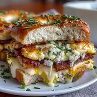 High-protein breakfast sandwich with fluffy baked eggs and melted cheese on hearty whole wheat bagels, ready for meal prep.