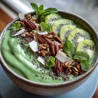 A vibrant green shamrock smoothie bowl with kiwi and mint leaves for St. Patrick's Day breakfast.