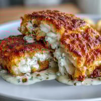 Crispy golden catfish fillets seasoned with Southern spices, served with zesty homemade remoulade sauce on a rustic wooden board.