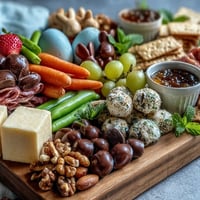 Mini Easter Basket Treat Board with colorful cheeses, cured meats, fruits, and sweet treats arranged in festive spring baskets for a cheerful appetizer.