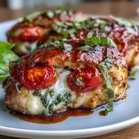 Caprese Stuffed Chicken Breast with melted mozzarella, fresh tomato, and basil, baked golden and drizzled with balsamic glaze.  
