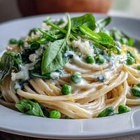Spring Pasta with Lemon Cream Sauce and Peas in a white bowl, garnished with Parmesan and lemon zest.