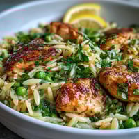 Creamy one-pot lemon orzo with chicken and peas, garnished with Parmesan and parsley