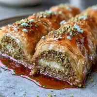 Golden Pistachio Baklava Rolls, flaky with sweet nutty filling and citrus syrup.