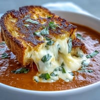 Velvety Creamy Tomato Basil Soup with golden grilled cheese croutons.