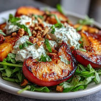 Creamy burrata and juicy grilled peaches crown this vibrant summer salad.